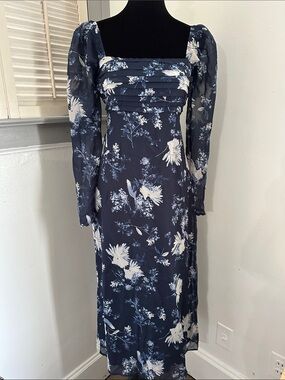 Abercrombie and Fitch Navy Blue Floral Square-Neck Long Sleeve midi dress